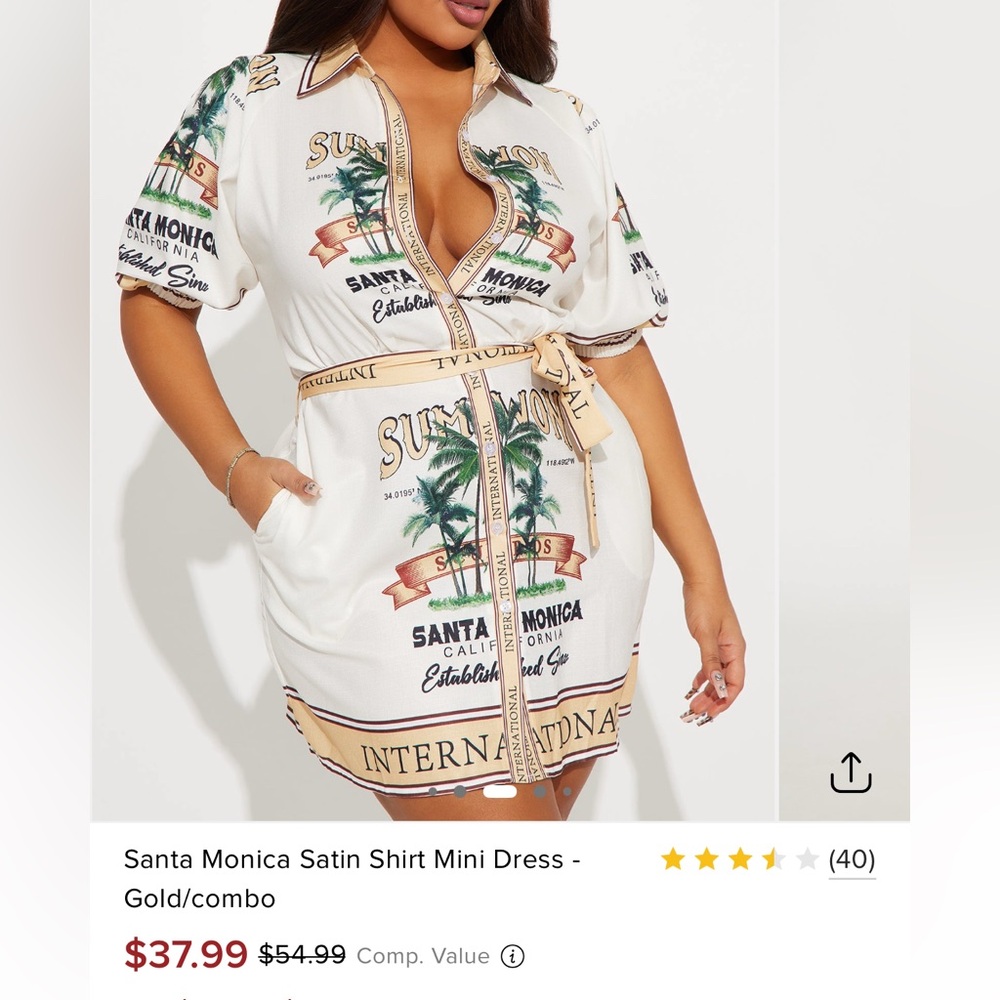 Fashion Nova Cream and Orange Graphic Shirt Dress